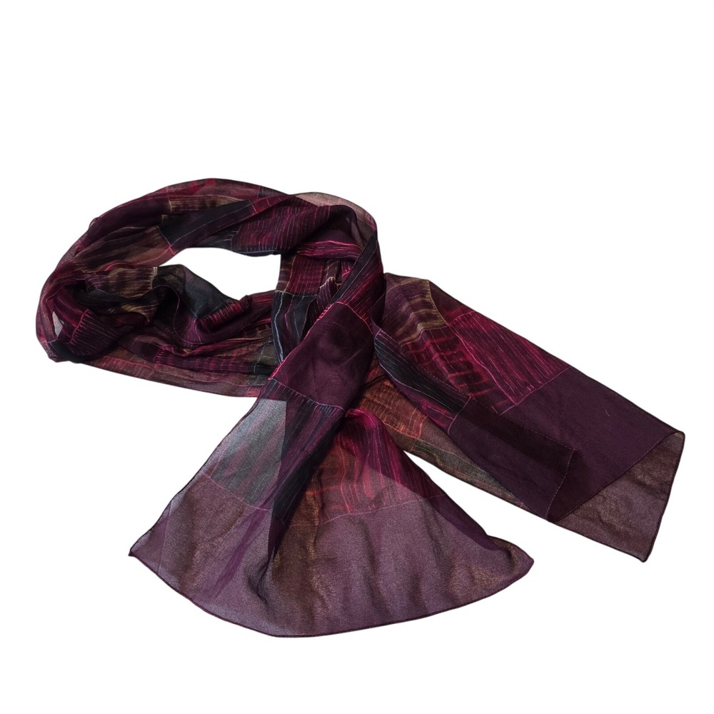 Silk Scarf Womens OS Burgundy Plum Geometric Sheer Silky Oblong Lightweight